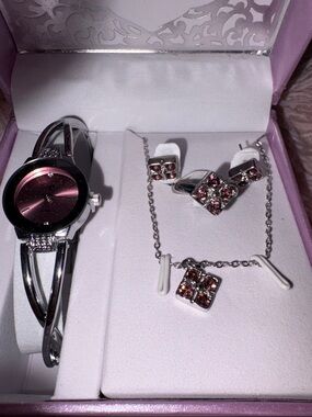 ONKY Silver Bangle Watch & Purple Crystal Jewelry Set - Women's Accessories. NIB
